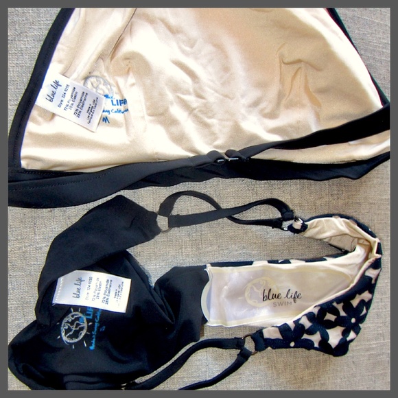 Blue Life Womens Bikini Laser Cut Swim Flower Bomb Ruched Brazilian Black White - Picture 11 of 11